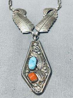 Beautiful Vintage Navajo Turquoise Coral Leaf Sterling Silver Necklace