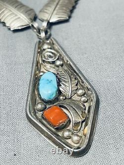 Beautiful Vintage Navajo Turquoise Coral Leaf Sterling Silver Necklace