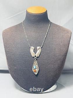 Beautiful Vintage Navajo Turquoise Coral Leaf Sterling Silver Necklace