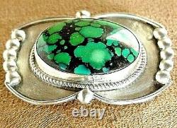Big Signed Vintage Old Pawn Navajo Sterling Silver Fine Web Turquoise Pin Brooch