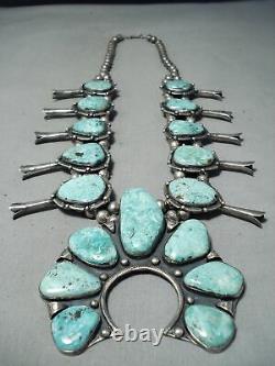 Biggest Rare Turquoise Vintage Navajo Sterling Silver Squash Blossom Necklace