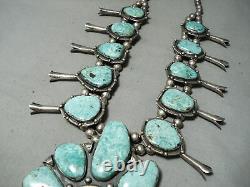 Biggest Rare Turquoise Vintage Navajo Sterling Silver Squash Blossom Necklace