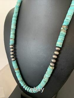 Blue Turquoise Heishi Sterling Silver Necklace Navajo Pearls Stab 8mm 20 970