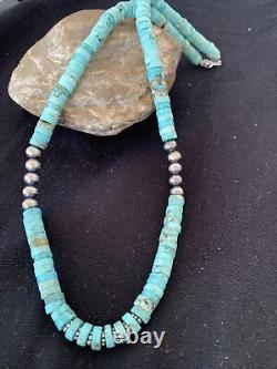 Blue Turquoise Heishi Sterling Silver Necklace Navajo Pearls Stab 8mm 20 970