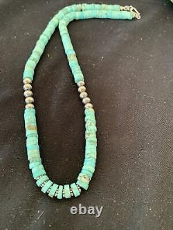 Blue Turquoise Heishi Sterling Silver Necklace Navajo Pearls Stab 8mm 20 970