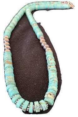 Blue Turquoise Heishi Sterling Silver Necklace Navajo Pearls Stab 8mm 20 970