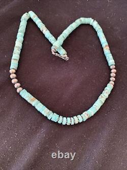 Blue Turquoise Heishi Sterling Silver Necklace Navajo Pearls Stab 8mm 20 970