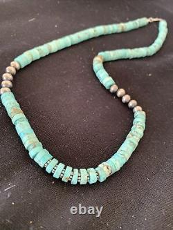 Blue Turquoise Heishi Sterling Silver Necklace Navajo Pearls Stab 8mm 20 970