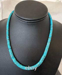 Blue Turquoise Heishi Sterling Silver Necklace Navajo Pearls Stab Graduated 1850