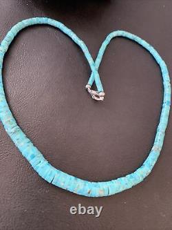 Blue Turquoise Heishi Sterling Silver Necklace Navajo Pearls Stab Graduated 1850