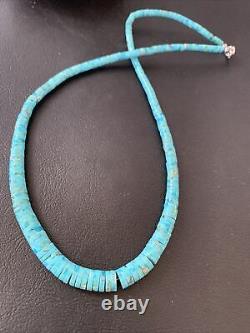 Blue Turquoise Heishi Sterling Silver Necklace Navajo Pearls Stab Graduated 1850