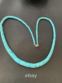 Blue Turquoise Heishi Sterling Silver Necklace Navajo Pearls Stab Graduated 1850