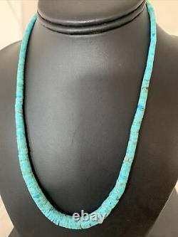 Blue Turquoise Heishi Sterling Silver Necklace Navajo Pearls Stab Graduated 1850