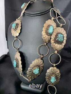 Blue Turquoise Vintage Navajo Sterling Silver Concho Belt 1570