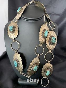 Blue Turquoise Vintage Navajo Sterling Silver Concho Belt 1570