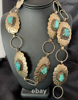 Blue Turquoise Vintage Navajo Sterling Silver Concho Belt 1570