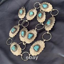 Blue Turquoise Vintage Navajo Sterling Silver Concho Belt 1570