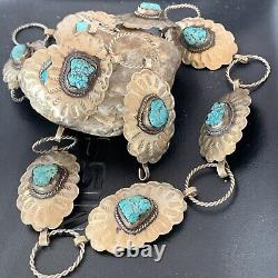 Blue Turquoise Vintage Navajo Sterling Silver Concho Belt 1570