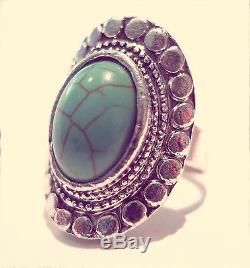 Bohemian Turquoise Stone Navajo Ring-Vintage Silver Jewellery Boho Hippy Gypsy