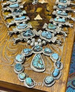 CLASSIC Vtg Sterling Silver GEM TURQUOISE Squash Blossom NECKLACE 196 Grams