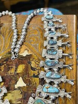 CLASSIC Vtg Sterling Silver GEM TURQUOISE Squash Blossom NECKLACE 196 Grams