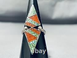 Channel Inlay Vintage Navajo Turquoise Coral Sterling Silver Ring