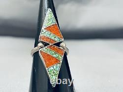 Channel Inlay Vintage Navajo Turquoise Coral Sterling Silver Ring