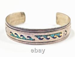 Charlie Singer- Vintage Navajo Turquoise Chip Inlay Wave Cuff Bracelet