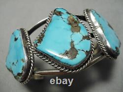 Chunky Huge Vintage Navajo Old Morenci Turquoise Sterling Silver Webbed Bracelet