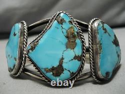 Chunky Huge Vintage Navajo Old Morenci Turquoise Sterling Silver Webbed Bracelet