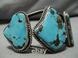 Chunky Huge Vintage Navajo Old Morenci Turquoise Sterling Silver Webbed Bracelet