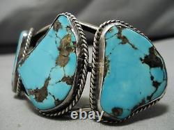 Chunky Huge Vintage Navajo Old Morenci Turquoise Sterling Silver Webbed Bracelet