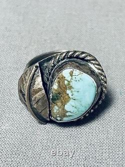 Chunky Vintage Navajo #8 Turquoise Sterling Silver Leaf Ring Old