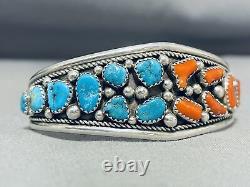 Colorful Vintage Signed Navajo Turquoise Coral Sterling Silver Bracelet
