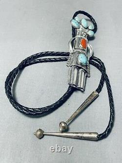 Colossal Kachina Vintage Navajo Turquoise Coral Sterling Silver Bolo Tie