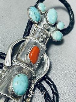 Colossal Kachina Vintage Navajo Turquoise Coral Sterling Silver Bolo Tie