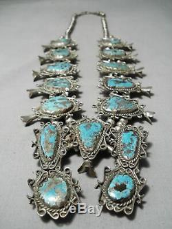 Crazy Huge Vintage Navajo Turquoise Sterling Silver Squash Blossom Necklace Old