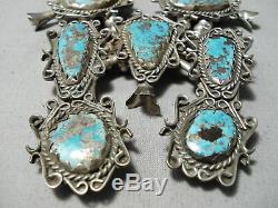 Crazy Huge Vintage Navajo Turquoise Sterling Silver Squash Blossom Necklace Old