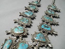 Crazy Huge Vintage Navajo Turquoise Sterling Silver Squash Blossom Necklace Old