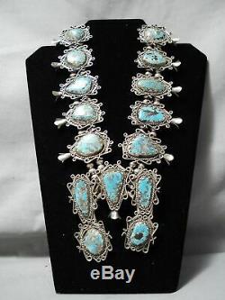 Crazy Huge Vintage Navajo Turquoise Sterling Silver Squash Blossom Necklace Old