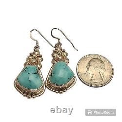 DAZZLING VINTAGE NAVAJO Campitos TURQUOISE STERLING SILVER Hook EARRINGS