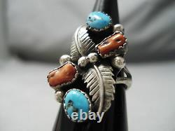 Detailed Vintage Navajo Turquoise Coral Sterling Silver Leaf Ring Old