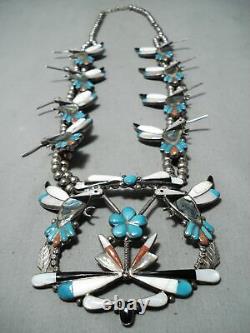 Detailed! Vintage Zuni Turquoise Sterling Silver Squash Blossom Necklace