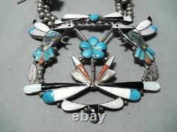 Detailed! Vintage Zuni Turquoise Sterling Silver Squash Blossom Necklace