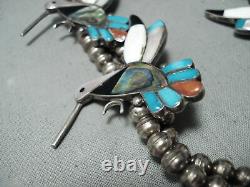 Detailed! Vintage Zuni Turquoise Sterling Silver Squash Blossom Necklace