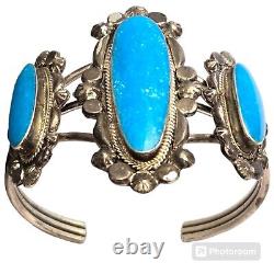 Dropdead Gorgeous VINTAGE NAVAJO BLUE GEM TURQUOISE STERLING SILVER BRACELET