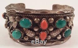 E. TSOSIE Vintage Navajo Indian Sterling Silver Turquoise Coral Bracelet Cuff
