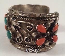 E. TSOSIE Vintage Navajo Indian Sterling Silver Turquoise Coral Bracelet Cuff