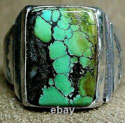 EARLY VINTAGE NAVAJO NATIVE AMERICAN STERLING SILVER WEB TURQUOISE RING sz 9.5