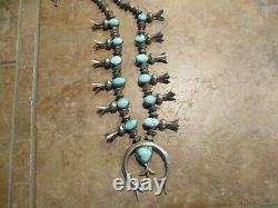 EXUBERANT Vintage Navajo Sterling Turquoise Sandcast SQUASH BLOSSOM Necklace